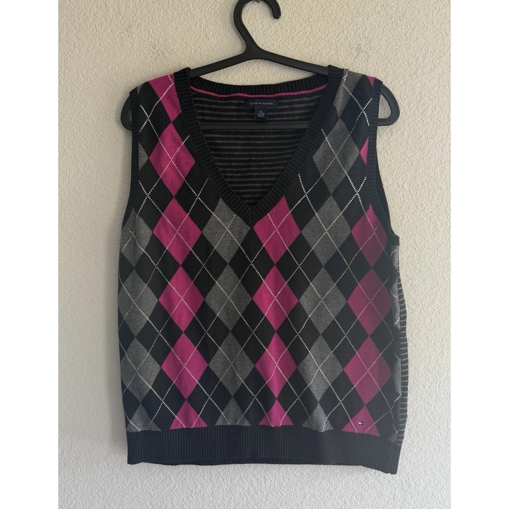 Tommy Hilfiger Pink & Black Argyle Knit V-Neck Sweater Vest - Size Junior XL